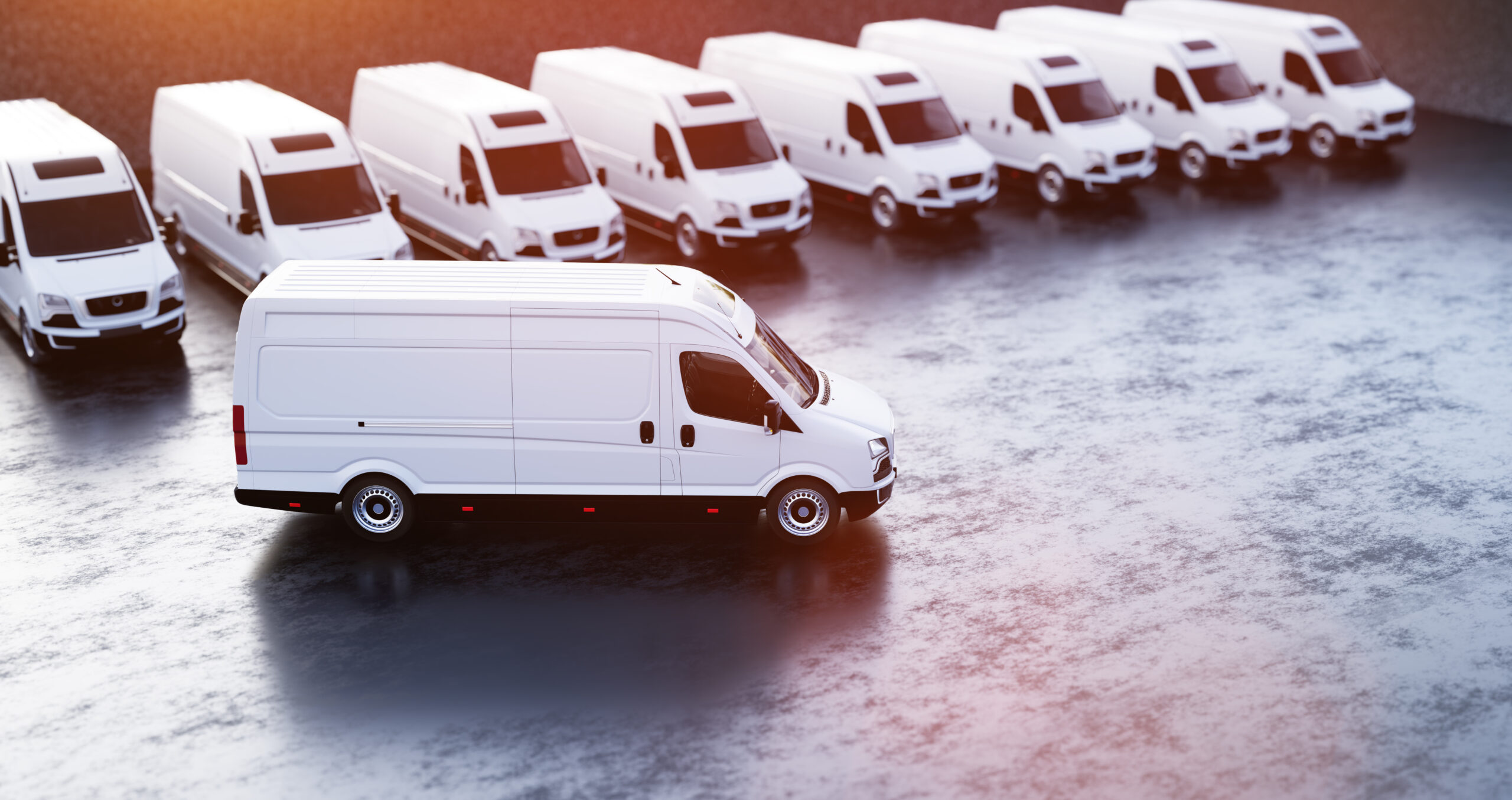 Transportation van and fleet of cargo trucks courier service. Transport, shipping industry. 3D illustration